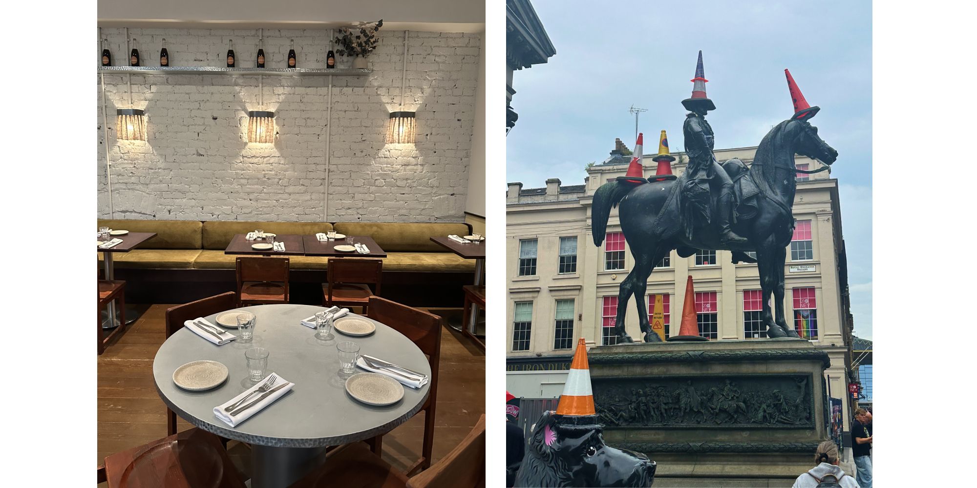 Photos showing : Celantano’s restaurant at Arthouse Glasgow, and the Duke of Wellington statue