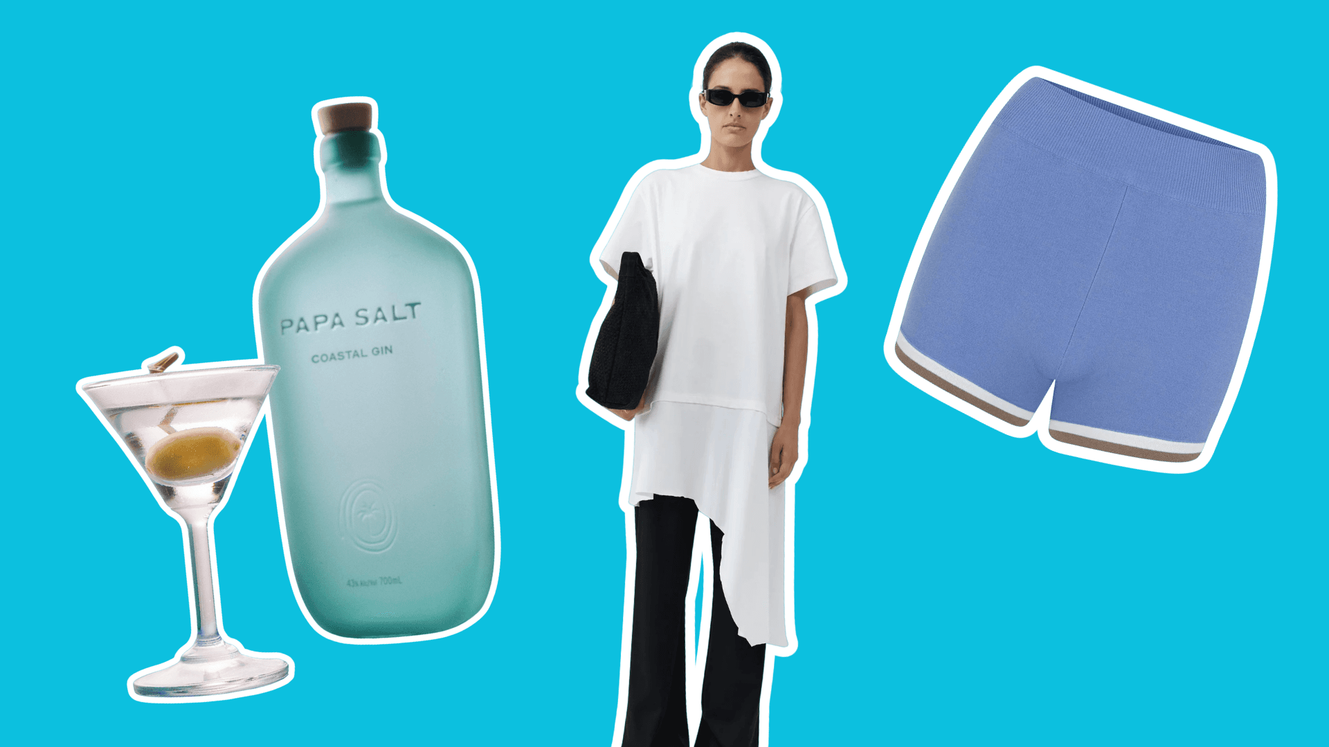 collage of Papa Salt coastal gin, St. Agni dress, Nagnata shorts