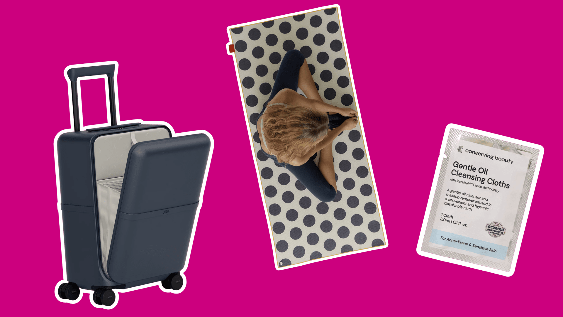 Photo showing July suitcase, Clammy Club towel, Conserving Beauty cleansing wipes