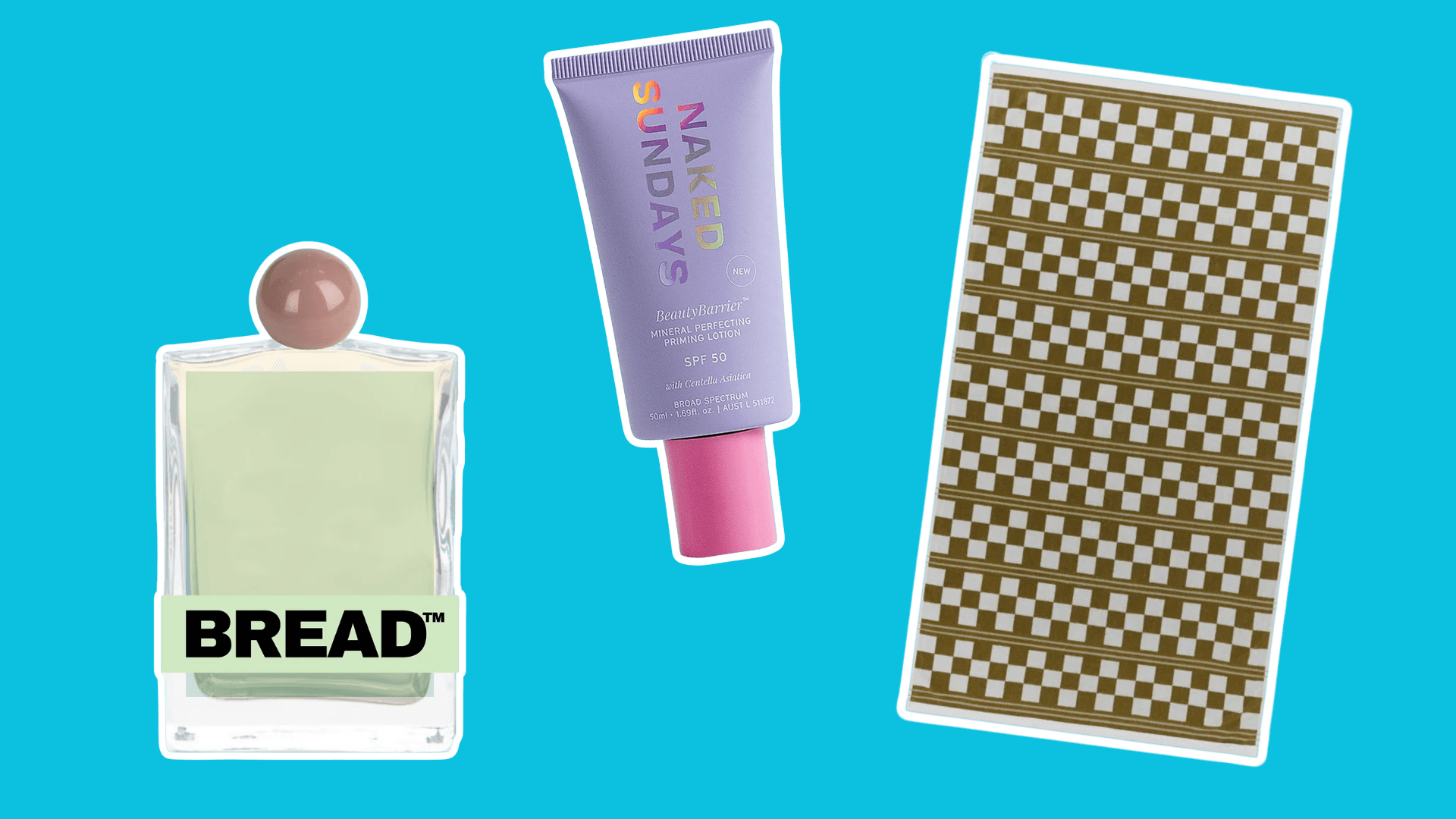 Collage showing Bread hair oil, Naked Sundays SPF, Baina towel