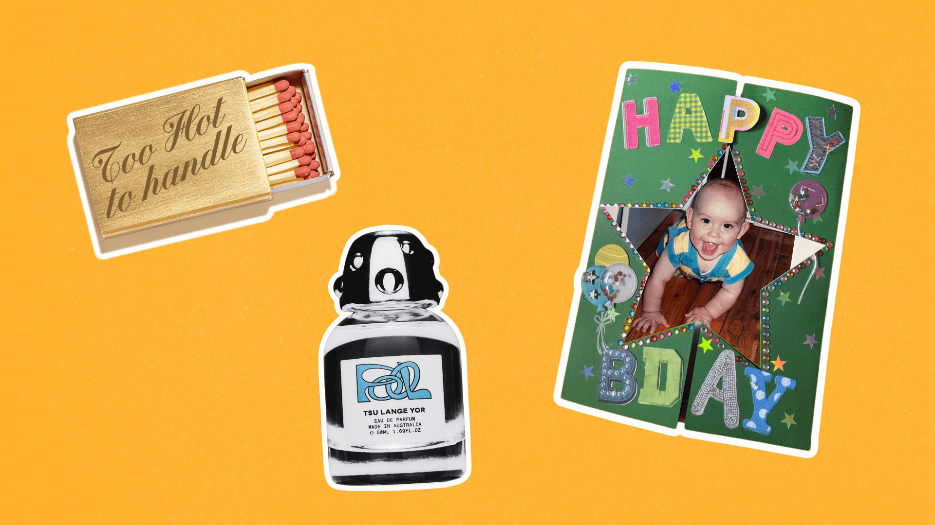 Picture showing Not Another Bill matchbox, Tsu Lange Yor fragrance, birthday card