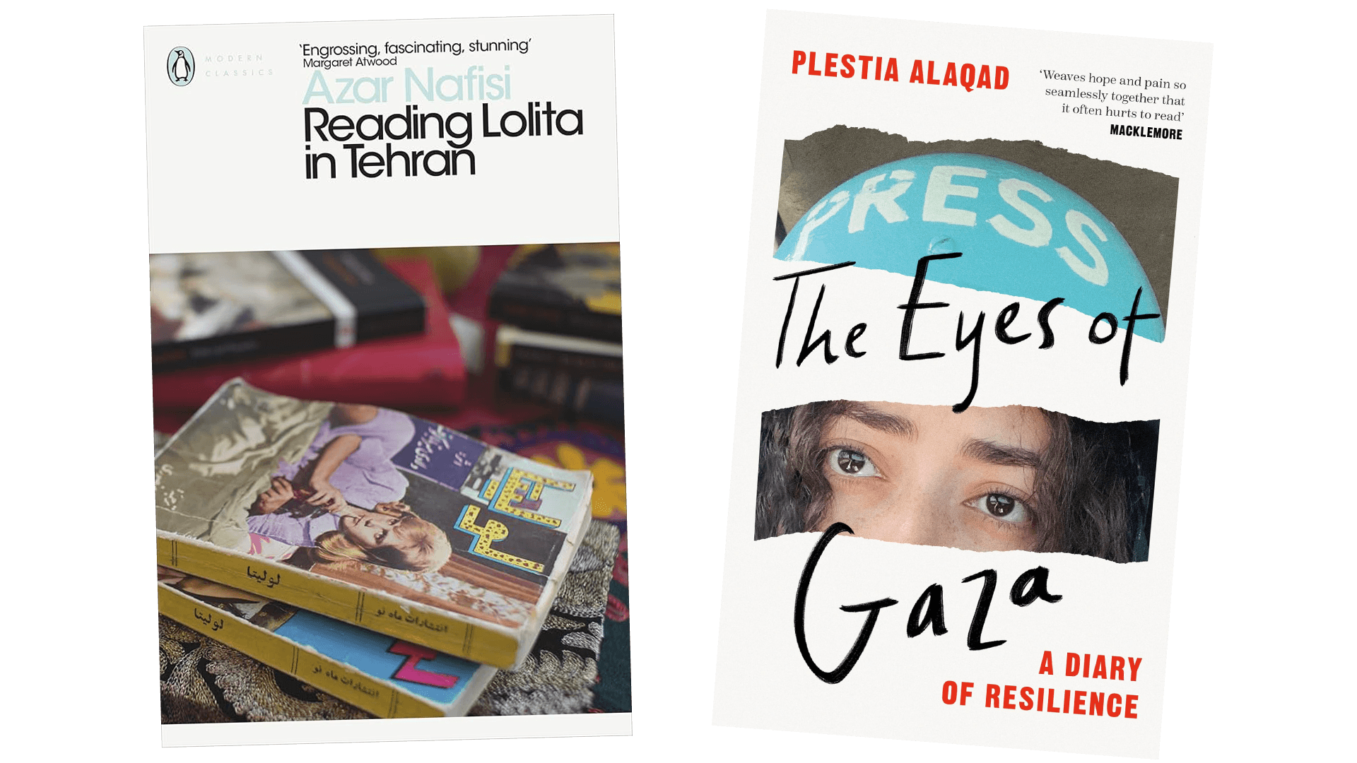 two book covers Reading Lolita In Iran and Gaza A Diary Of Resilience