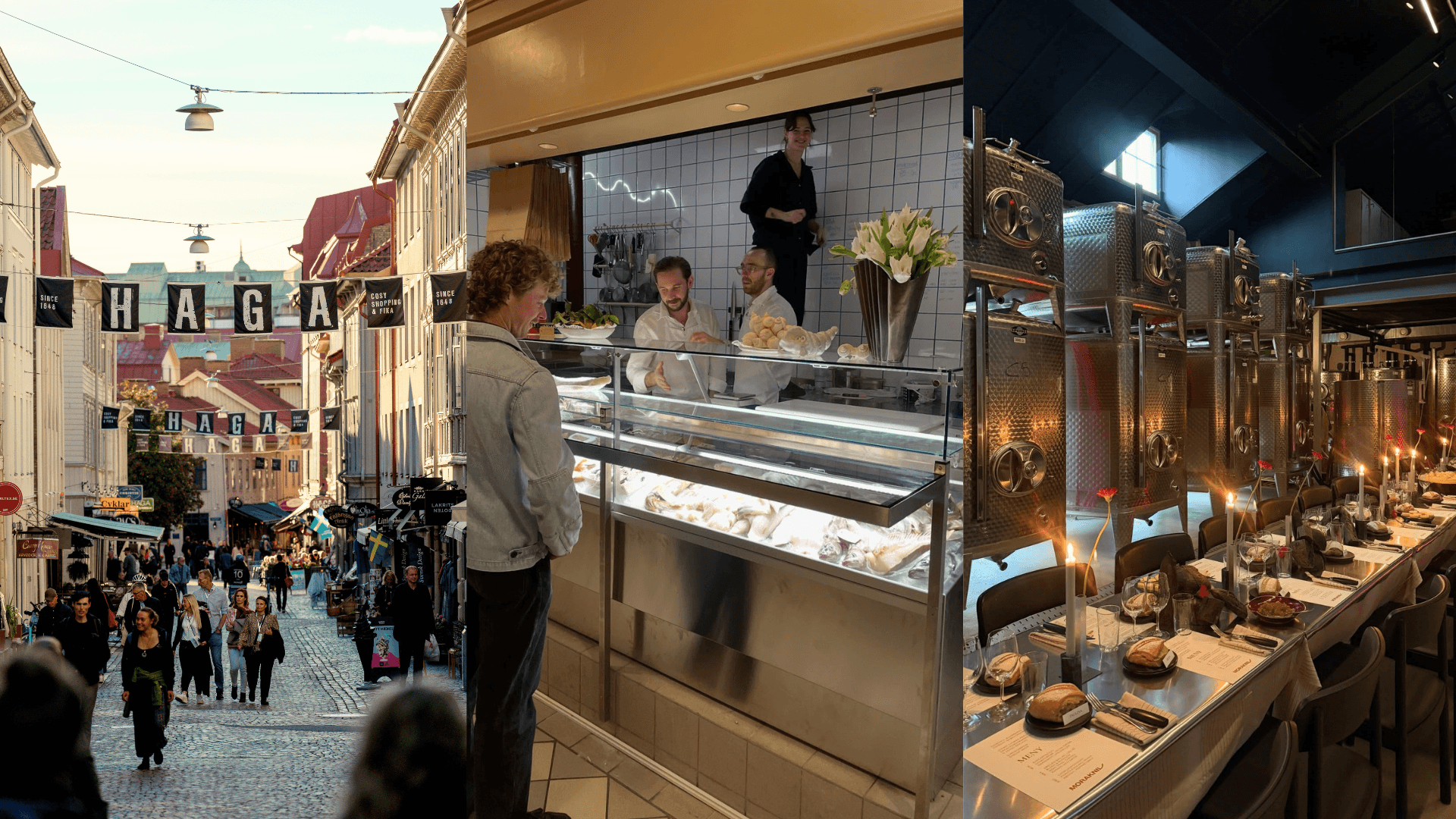 Three photos showing Haga neighbourhood, Bar Bulot, Röhsska Museum chair exhibition​ in Gothenburg