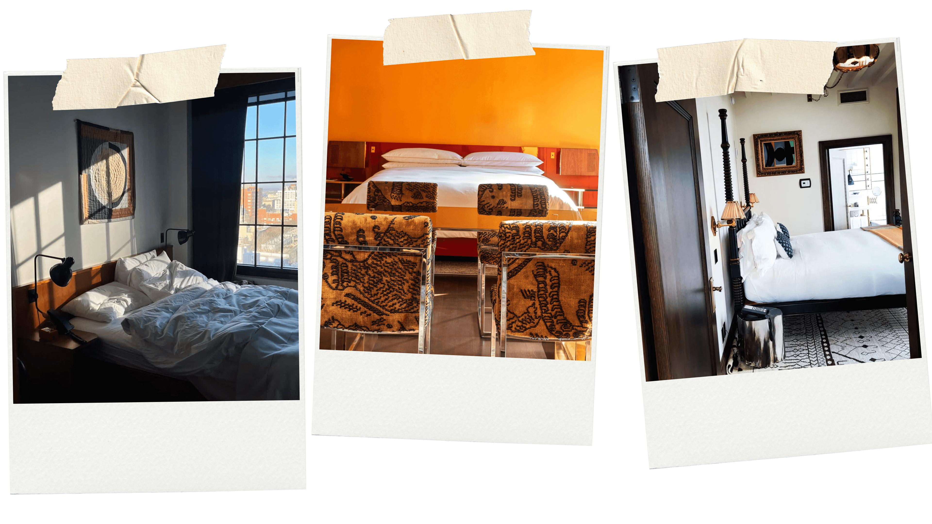 Three pictures of New York hotels including bedrooms at Ace Hotel, The Manner Hotel and The Ludlow