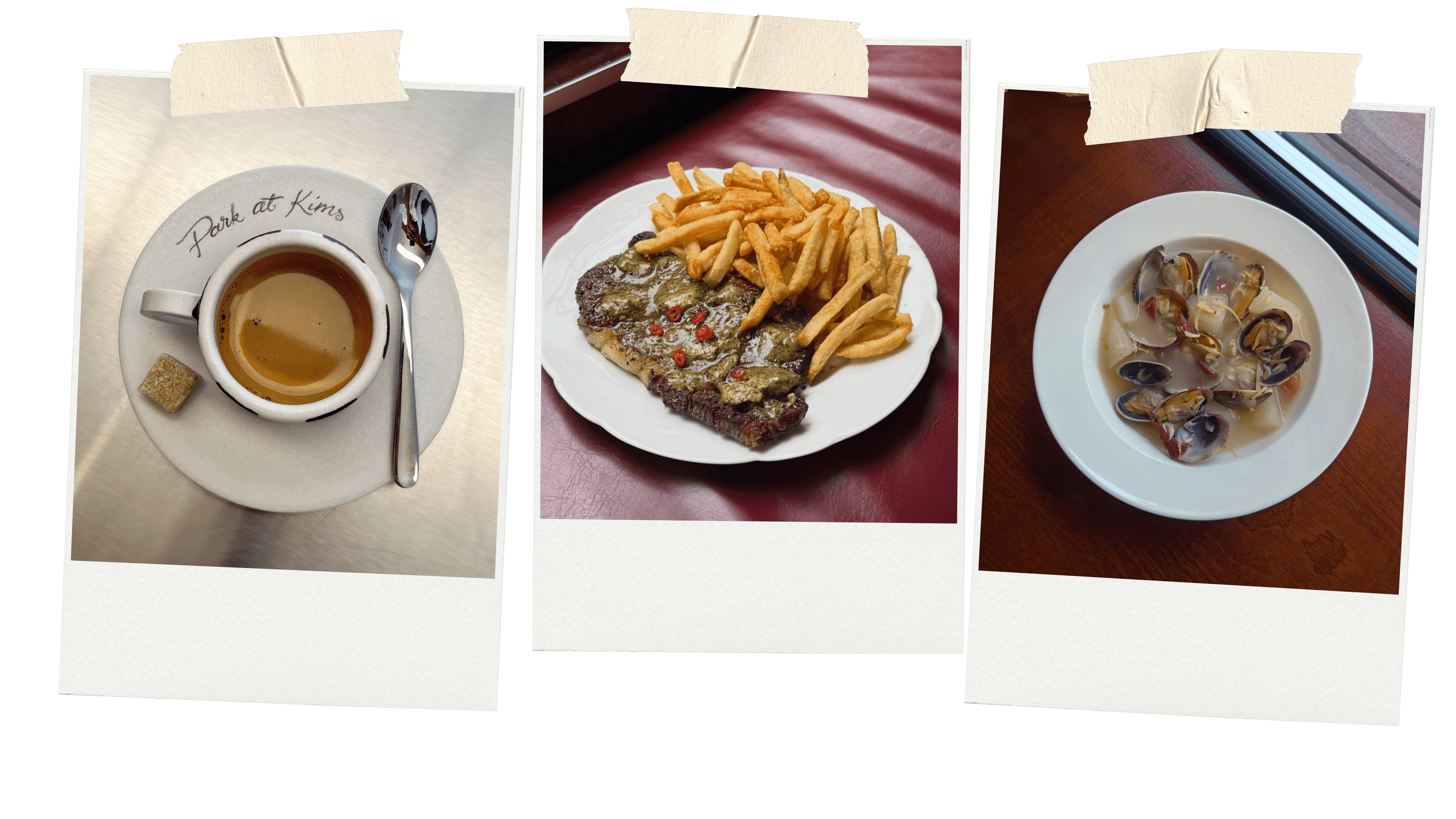 Pictures of a coffee at Park at Kim’s, steak and chips at Ha’s Snack Ba and food at Lei