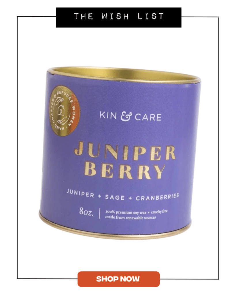 Purple scented candle that reads 'JUNIPER BERRY'