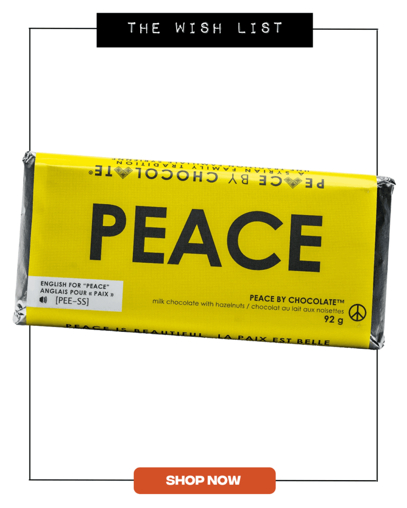 Chocolate bar with bright yellow packaging that reads 'PEACE'