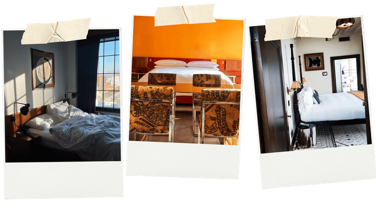 Three pictures of New York hotels including bedrooms at Ace Hotel, The Manner Hotel and The Ludlow