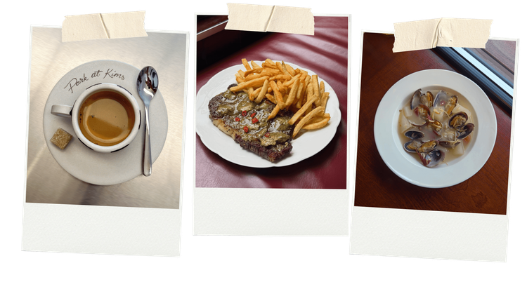 Pictures of a coffee at Park at Kim’s, steak and chips at Ha’s Snack Ba and food at Lei