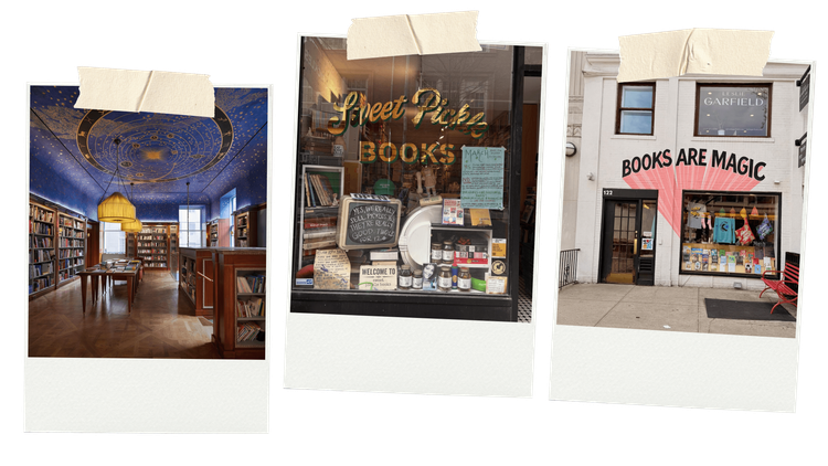 Three New York bookshop interior photos with Albertine Books, Sweet Pickle Books and Books Are Magic