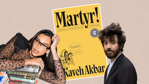 composite of Dua Lipa with author Kaveh Akbar and Martyr! front cover